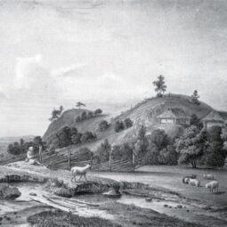 Kalevipoja magamisase emakese maa rinnal. Kalevipoja säng Alatskivil. Fr. Schlateri akvarell, 1835.