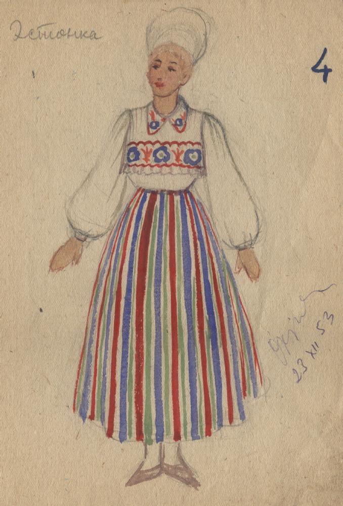 Kunstnik Marsel-Marija Koente oli üks Kargopollagi vange. Erinevalt Brigitta Polivanovast jäi ta ellu. Hiljem saadeti ta vangilaagrisse Leedus. Siin on tema joonistus „Eestlanna” – laagriteatri kostüümikavand (1953). www.gulagmuseum.org
