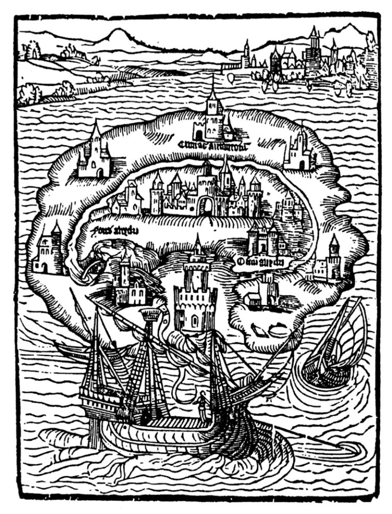 Thomas Morus, „Utoopia”. Esmaväljaande tiitelleht, 1516.