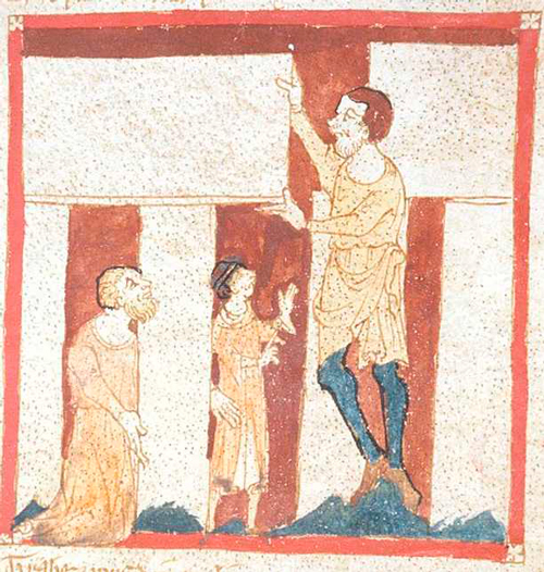 Vägeva võluri Merlini vägev abimees: hiiglane abistab Merlinit Stonehenge’i rajamisel. Käsikirjaillustratsioon (British Library).