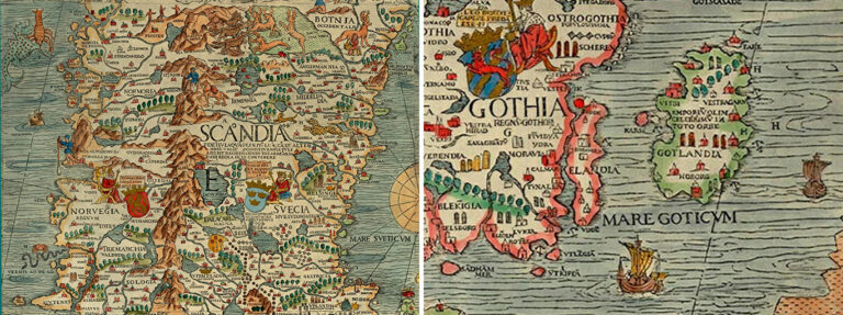 Uppsala viimase katoliku peapiiskopi Olaus Magnuse koostatud Põhjala kaardil (Carta Marina, 1539) asub kolme krooniga kilp kirjaga SVECIA Kesk-Rootsi kohal, Östergötlandi kohale on joonistatud lõviga vapp kirjaga GOTHIA. Tacitus kirjutas ligi 1500 aastat varem, et lausa keset maailma­­merd on svioonide hõimud (svealaste hõimurühm Rootsis, algselt Uppsala ümbruses), „kes lisaks meestele ja relvadele on vägevad ka laevastikult. Laevade kuju on eriline selle poolest, et alati saab randuda nii käila kui ka ahtriga.“ Svioonide läheduses uhub meri juba aestide hõime.